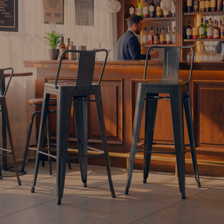 Sunvega Industrial Metal Bar Stool Set of 2 with Curved Back and Foot Rest