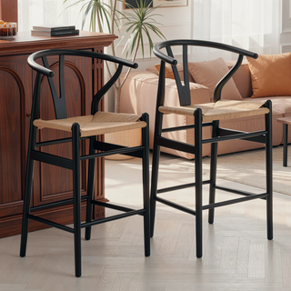 Sunvega Mid-Century Wishbone Barstool with Woven Papercord Seat Fully Assembled Walnut