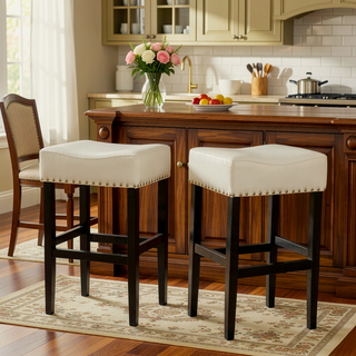 Sunvega Set of 2 Beige Backless Fabric Counter Height Barstools with Padded Seats