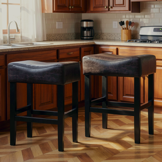 Sunvega Marbled Brown Bonded Leather Saddle Seat Counter Stools 2-Piece Set