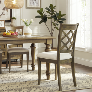 Sunvega Farmhouse Lattice Back Side Chairs in Beige and Rustic Oak Set of 2