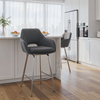 Sunvega Gray Faux Leather Swivel Bar Stool with Brushed Stainless Steel Base