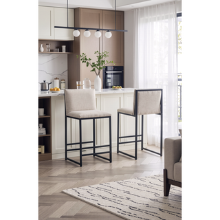 Sunvega Upholstered Linen Bar Stools Set of 2 with Metal Frame and Footrest