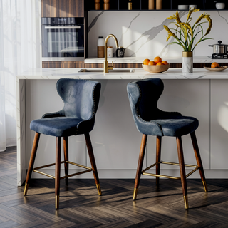Sunvega Mid-Century Modern Blue Faux Leather Tufted Counter Stool Set with Nailhead Trim