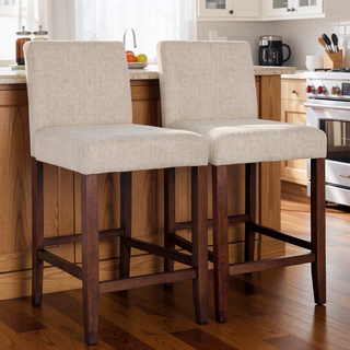 Sunvega Dorian Beige Fabric Counter Chair Set of 2 with Teak Wood Frame