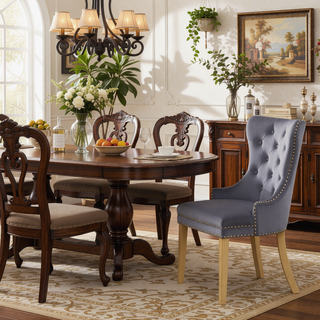 Sunvega Gold Velvet Upholstered Dining Chair with Lion Head Accent and Quilted Back