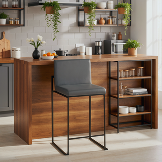 Sunvega Contemporary High Back Counter Stool with Padded Seat and Backrest in Black Steel and Grey Faux Leather - Set of 2