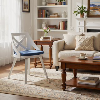 Sunvega White Textured Wood and Blue Fabric Charlotte Farmhouse Chair Set of 2