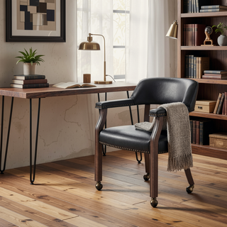 Sunvega Walnut Game Dining Chair with Black Faux Leather and Nailhead Trim