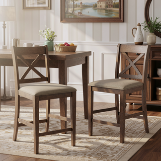 Sunvega Farmhouse Style X-Back Rubberwood Counter Stools Set of 2