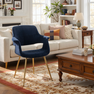 Sunvega Glam Art Deco Chair with Gold Metal Legs and Blue Velvet Upholstery