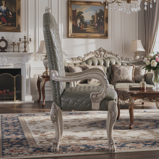 Sunvega Vintage Bone White Faux Leather Arm Chairs with Floral Crown and Claw Legs