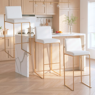 Sunvega Fuji High Back Barstool Set of 3 in Gold Steel and White Velvet