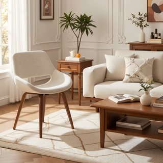 Sunvega Mid-Century Modern Dining Accent Chair in Walnut Cream Fabric Set of 2