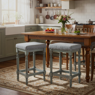 Sunvega Distressed Wooden Farmhouse Barstools with Faux Leather Seat, Counter-Height