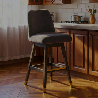 Sunvega Gray Oak Wood Finish Bar Stool with Gray Boucle Fabric and Swivel Function
