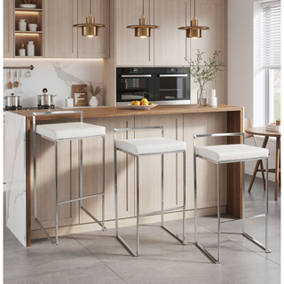 Sunvega Contemporary Stackable Barstool with White Faux Leather and Stainless Steel Frame
