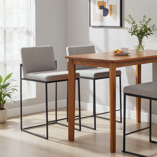 Sunvega Contemporary High Back Counter Stool with Padded Seat and Backrest in Black Steel and Grey Fabric - Set of 2