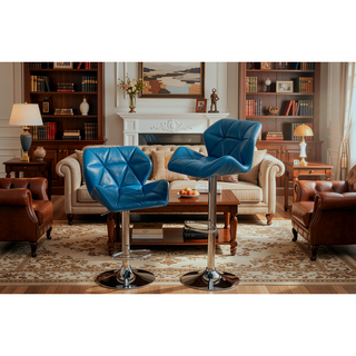 Sunvega Blue PU Leather Diamond-Tufted Swiveling Adjustable Height Bar Stools Set of 2