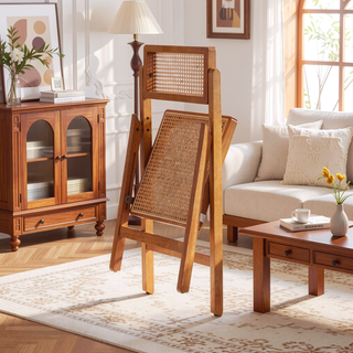 Sunvega Modern Industry Chic Cane Folding Dining Chair Set of 2 in Black and Natural