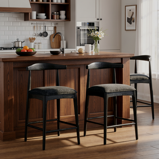 Sunvega Mid Century Rubberwood Counter Stool Set with Comfy Fabric Upholstered Seat