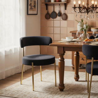 Sunvega Mid-Century Modern Boucle Dining Chairs with Curved Backrest and Brushed Brass Metal Legs