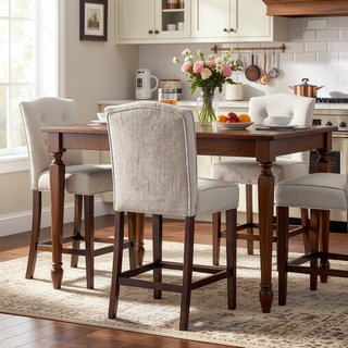 Sunvega Button Tufted Counter Stool with Espresso Wood Finish and Bronze Kick Plate