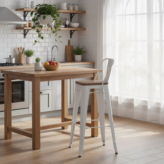 Sunvega White Metal and Wood Bar Stools with Curved Back and Footrest Set of 2