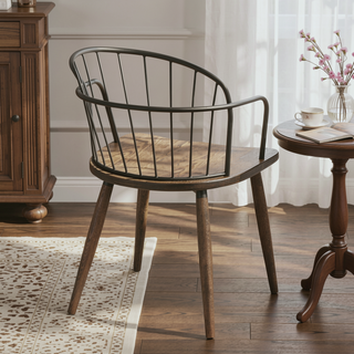 Sunvega Industrial Spindle-Back Dining Chair with Dark Walnut Wood Seat and Black Metal