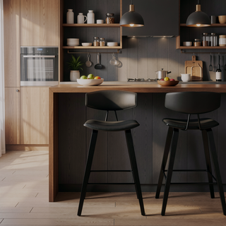 Sunvega 28.5 Inch Bar Height Stool with Gray Faux Leather and Black Wood Mid-Century Modern