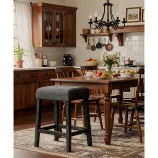 Sunvega Transitional Wood Counter Stool Set of 2 with Upholstered Linen Fabric Cushion
