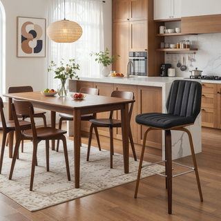 Sunvega 30 Inch Swivel Gray Faux Leather and Walnut Wood Bar Stool