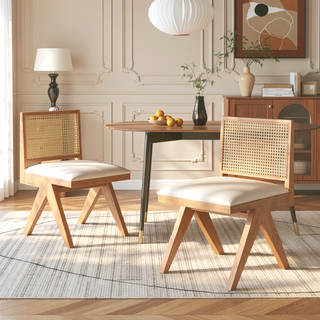 Sunvega Natural Rattan Dining Chairs with Perforated Design Set of 2 for Living Room