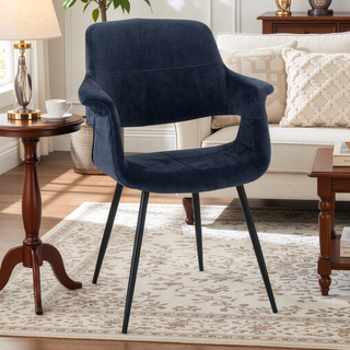 Sunvega Black Metal and Blue Velvet Glam Art Deco Chair with Cushioned Seat Set of 2