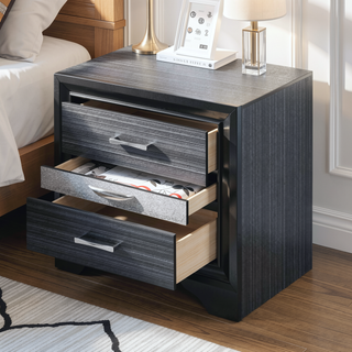 Sunvega Black Finish Wooden Nightstand with 3 Drawers and Curved Legs