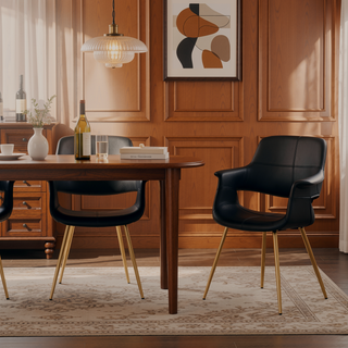 Sunvega Gold Metal and Black Faux Leather Glam Art Deco Chair Set of 2