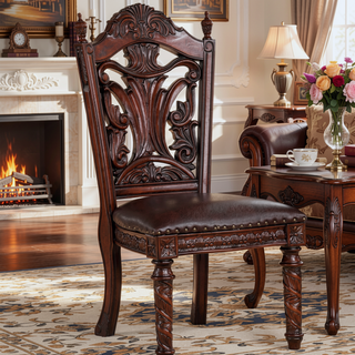 Sunvega Traditional Walnut Solid Wood Dining Chairs with Dark Brown Leatherette Seats