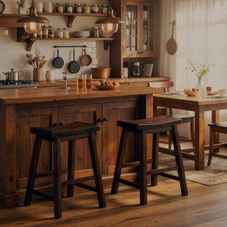 Sunvega Black Finish Bar Height Solid Wood Saddle Seat Stools Set of 2