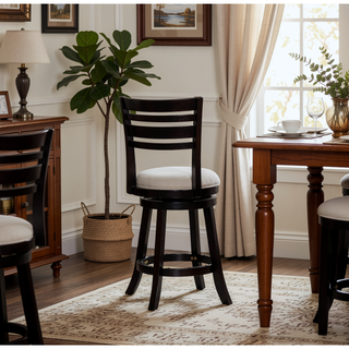 Sunvega Cherry Finish Beige Fabric Slat Back Swivel Stool for Counter Height