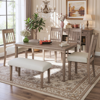 Sunvega Classic Country Style Rubber Wood Dining Table Set with Bench and Chairs