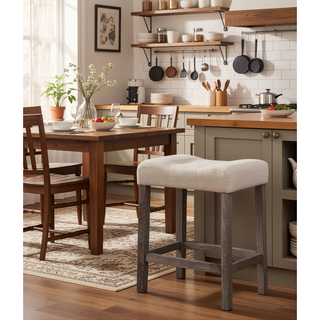 Sunvega Taupe Saddle Stool Set of 2 with Button Tufted Upholstery and Rubberwood Frame
