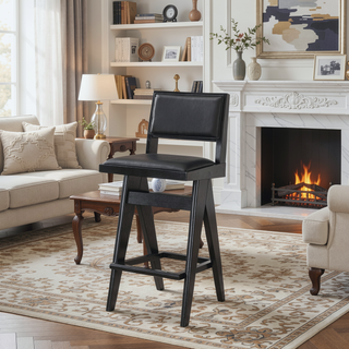 Sunvega Keira Black PU Bar Stool Set of 2 with Mid-Century Design and Full Back