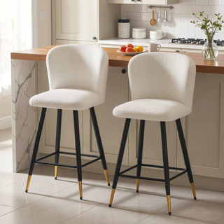 Sunvega Modern Barstool with White Fabric Seat and Black Gold-Tipped Metal Legs