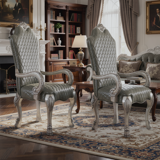 Sunvega Vintage Bone White Faux Leather Arm Chairs with Floral Crown and Claw Legs