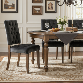 Sunvega Contemporary Upholstered Dining Chairs with Button Tufting and Weathered Wood Legs Set of 2