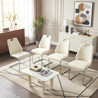 Sunvega White Faux Leather Dining Chairs Set of 2 with Gold Mesh Texture and Chrome Handle