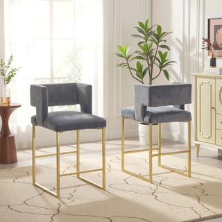 Sunvega Modern Velvet Upholstered Counter Stool Set of 2 with Gold Metal Legs