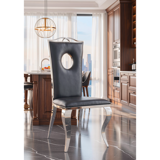 Sunvega Black Synthetic Leather & Chrome Metal High Back Armless Side Chair Set of 2