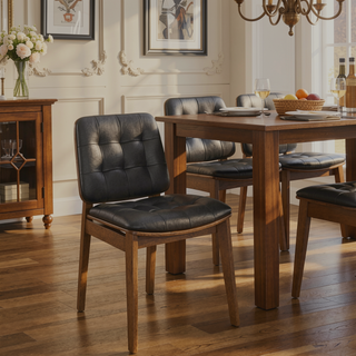 Sunvega Black and Natural Walnut Tufted Back Side Chairs with Leatherette Cushions