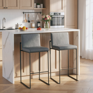 Sunvega Fuji Contemporary High Back Barstool Set of 2 in Black Steel and Grey Faux Leather